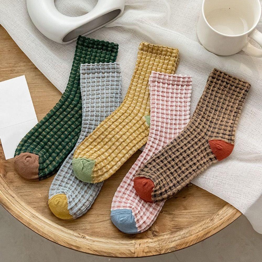 5Pairs Breathable Checkered Cotton Socks Patchwork Grids Socks Sweet Women Tube Sock  Slippers