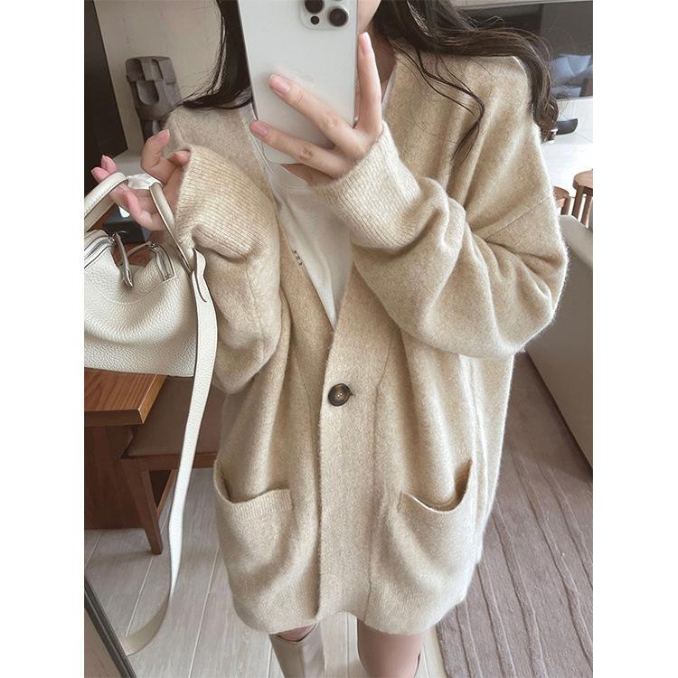 Loose and lazy knitted cardigan top women's autumn and winter new one-button soft waxy casual sweater jacket top