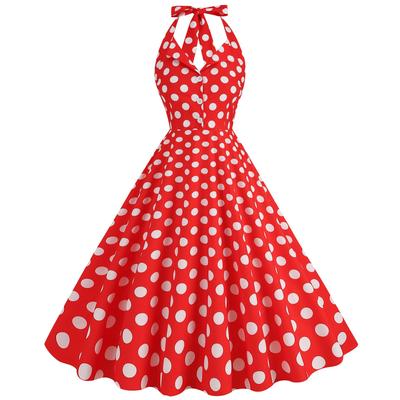1950er Vintage Polka Dot Neckholder Rückenfreies Swing-Kleid mit Hepburn-Kragen