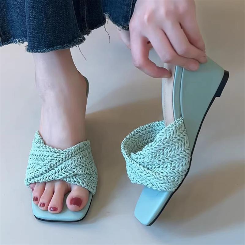Eilyken Design Style Pleated Weave Square Toe Women Slippers Summer Fashion Wedges Low Heels Banquet Party Slide Shoes