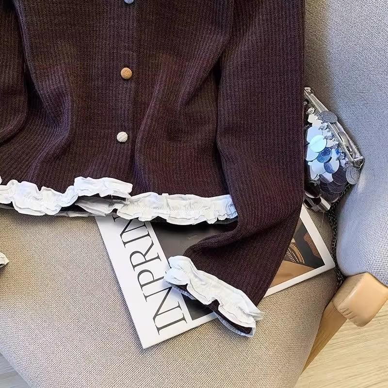 Spring & Autumn Patchwork Ruffle Slimming Cardigan with Colorful Buttons - Women's Long Sleeve Base Top