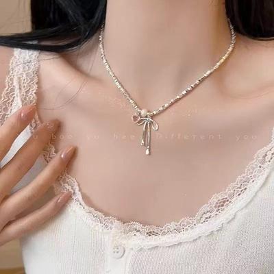 Ballet Bow Pearl Necklace Light Luxury Niche High-end Broken Silver Collarbone Chain New Neck Chain Accessories