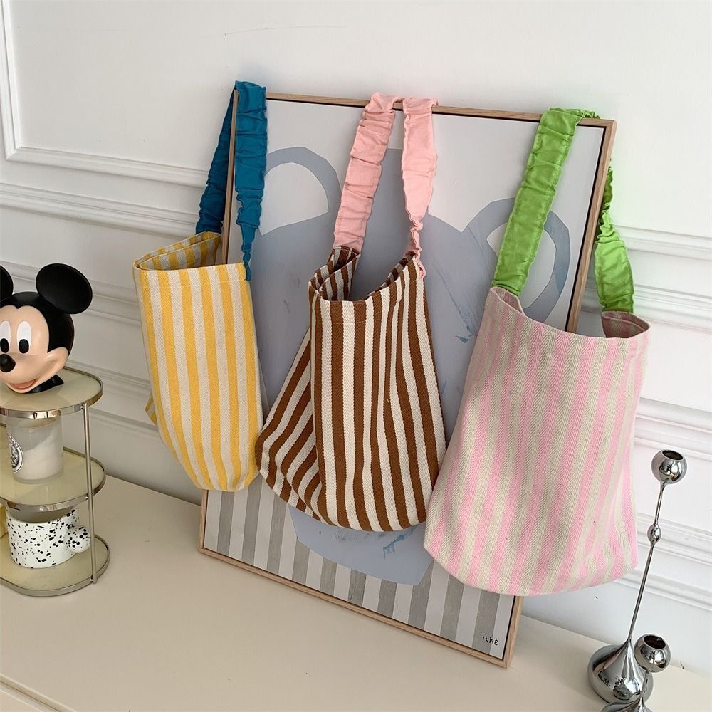 Large Capacity Stripe Canvas Bag Pleated Shoulder Strap Cloth Shoulder Bag Cute Tote Bag Women