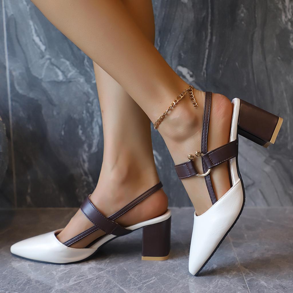 Fashion Elegant Pointed Toe Chunky Heel Sandals Women Summer Slingback High Heels Pumps Woman Fashion Thick Heeled Party Dress Sandalias