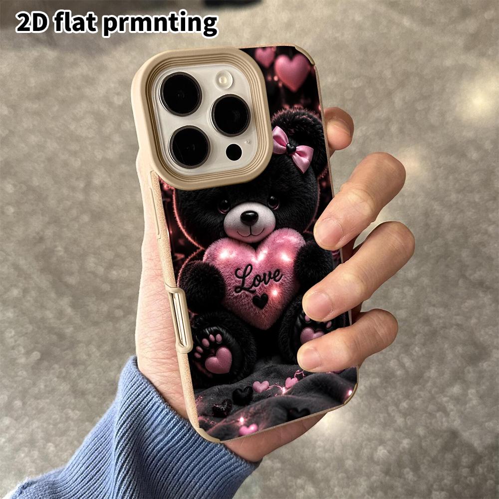 Phone Case: 2D Flat Lambskin Suitable for iPhone 18 17 16 15 14 13 Pro Protective Case, Heart-shaped Bear, Christmas and Halloween Gifts