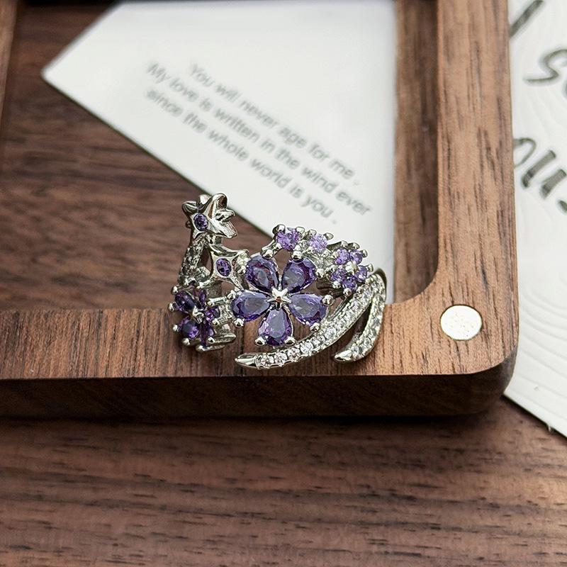 Pink Diamond Zircon Purple Flower Star Opening Ring, Diamond-Set Light Luxury Niche Design, High-End Sense Stacking, Wearing Personalized Rings, Women