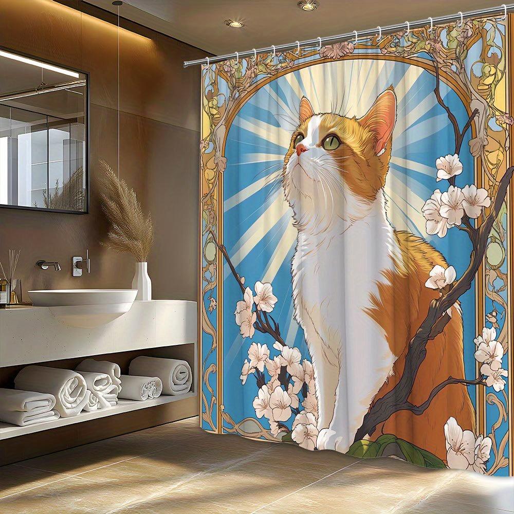 1 Stück Jugendstil Katze Duschvorhang - Üppige Orange getigerte Katze mit grünen Augen, weiße Blumen & goldene Rahmen auf Blau