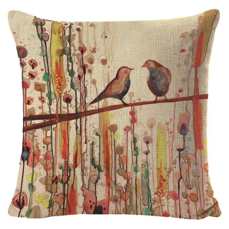 Village Style Rural Flower And Bird Sofa Pillow Cover Linen Spring Cushion Cover Car Waist Backrest Cover