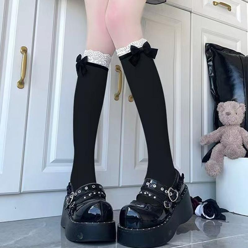 Japanese Style Lolita White/Black Mid-Tube Socks With Bow And Lace