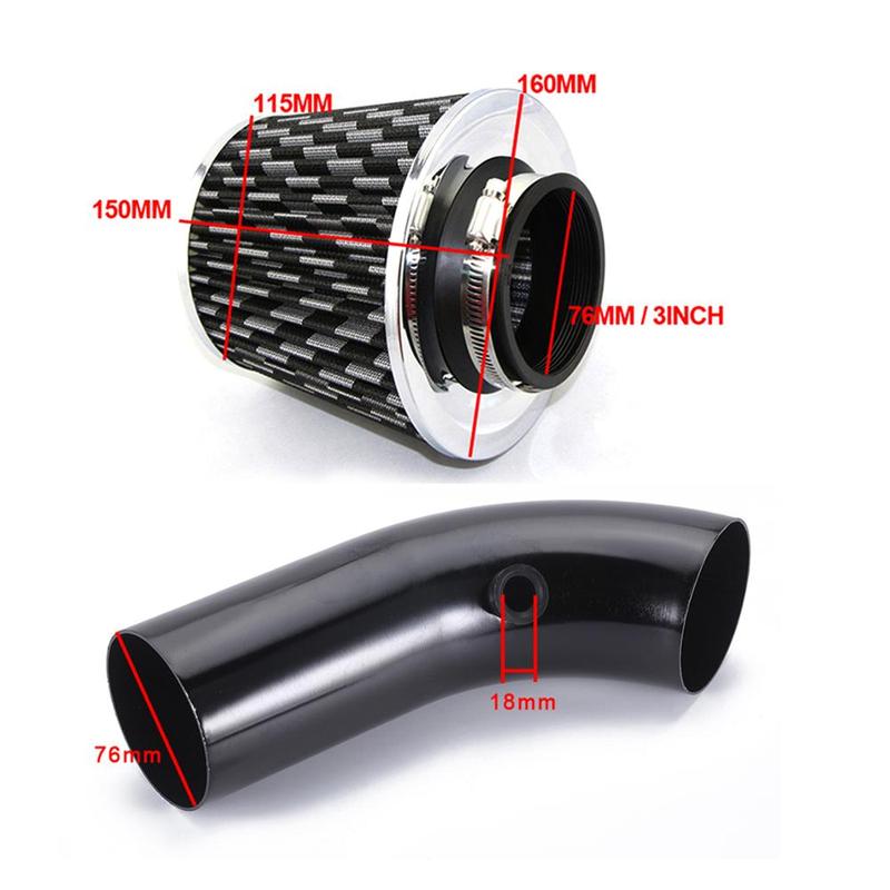76mm Universal Car Cold Air Intake Kit with High Flow Cone Air Filter 3inch Aluminum Air Intake Pipe Automobile Rubber Hose Kit