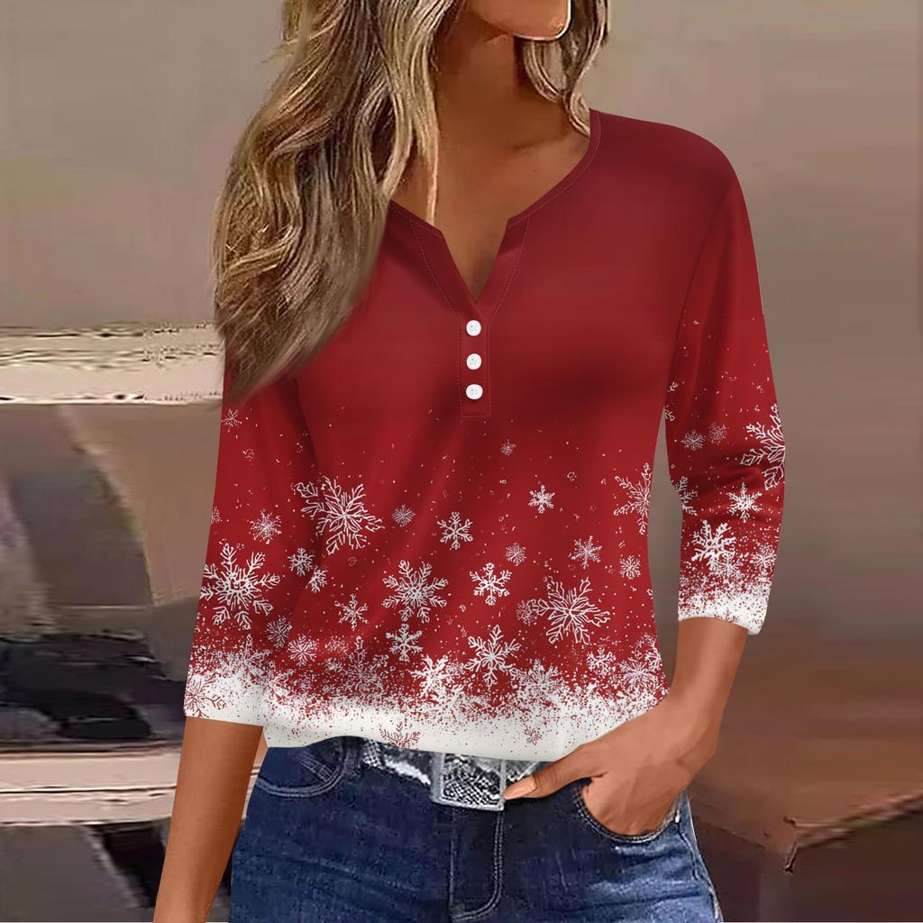 Women's Casual Fashion V-neck Loose Versatile Christmas Print Three-quarter Sleeve Top