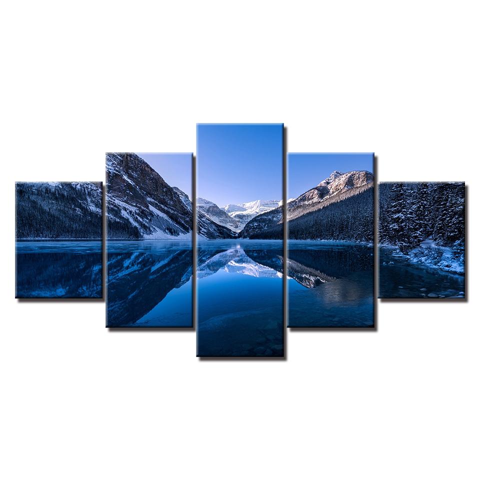 Canvas Painting HD Lakelouisereflection Landscape 5 Piece Modular Nature Wall Art Pictures for Living Room Home Decor