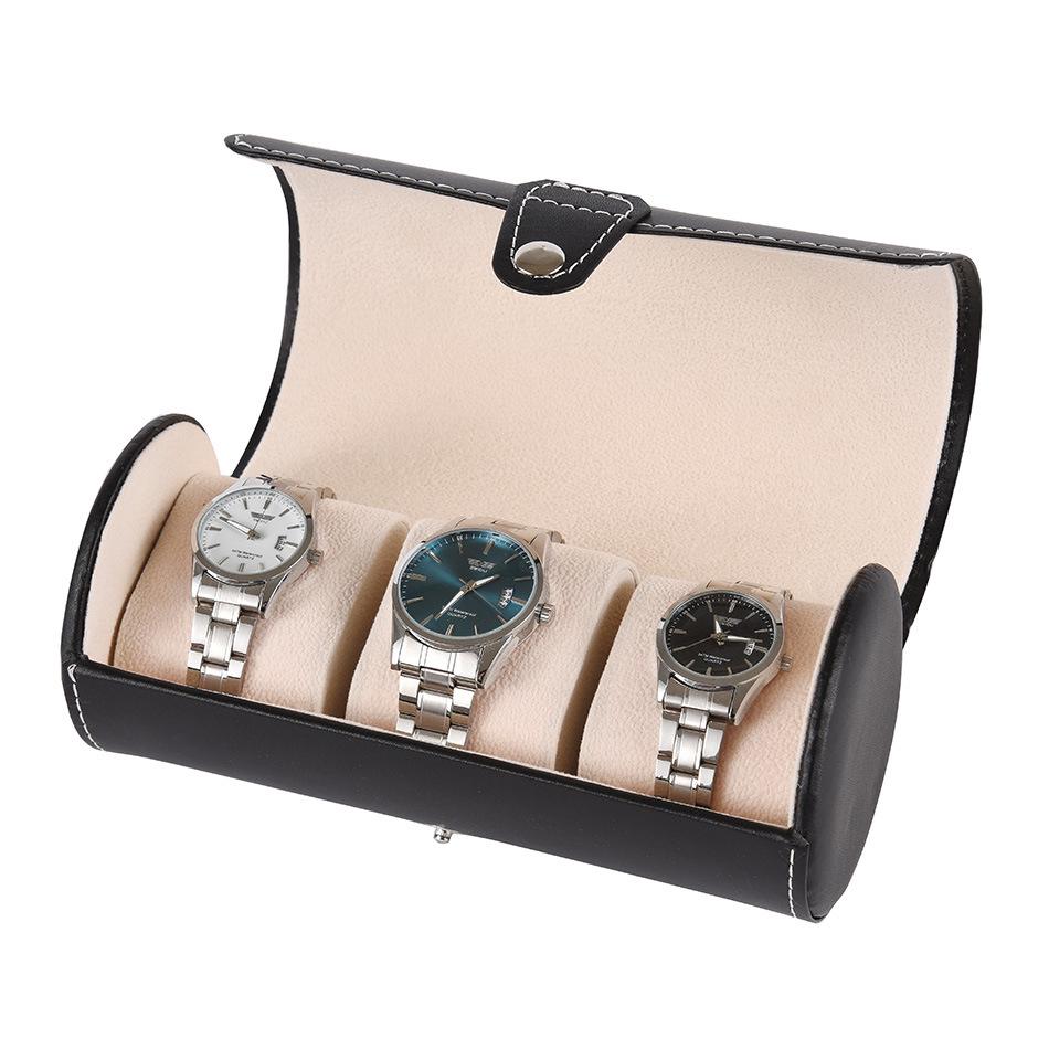 Cylindrical Wooden Leather Watch Box - 3 Slot Compact Storage & Display