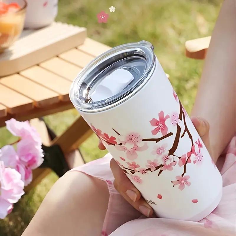 1pc 304 Stainless Steel Ins Hands-on Cup Straw High-value Girls Milk Tea Coffee Cup Anti-fall Water Bottle Water Cup Cherry Blos