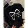 Elegant Bow and Diamond Print T-Shirt, Women's Fashionable Printed T-Shirt, Summer Short-Sleeve Street Style Party Nightclub Top