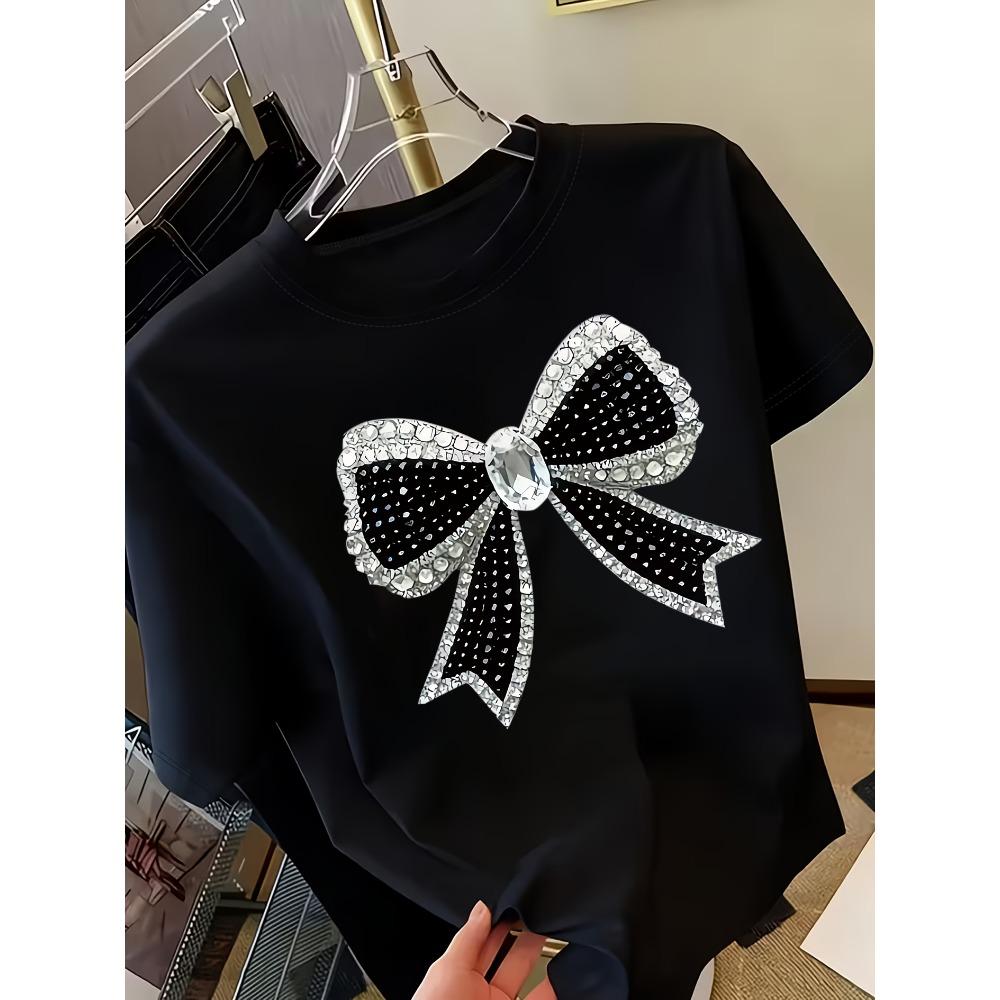 Elegant Bow and Diamond Print T-Shirt, Women's Fashionable Printed T-Shirt, Summer Short-Sleeve Street Style Party Nightclub Top