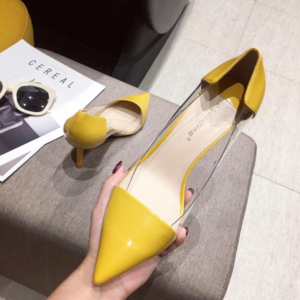 Fashion pointed toe leather patchwork transparent high heels shoes woman candy yellow pumps stiletto thin heel clear escarpins femme