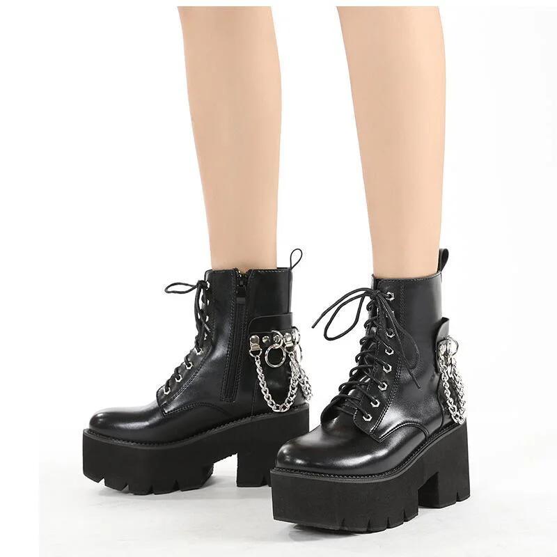 Fashion Cool Fashion Punk shoes Women Motorcycle Boots Lace Up Chunky Platform Goth Shoes Casual Brand Combat Street Shoes plus big size