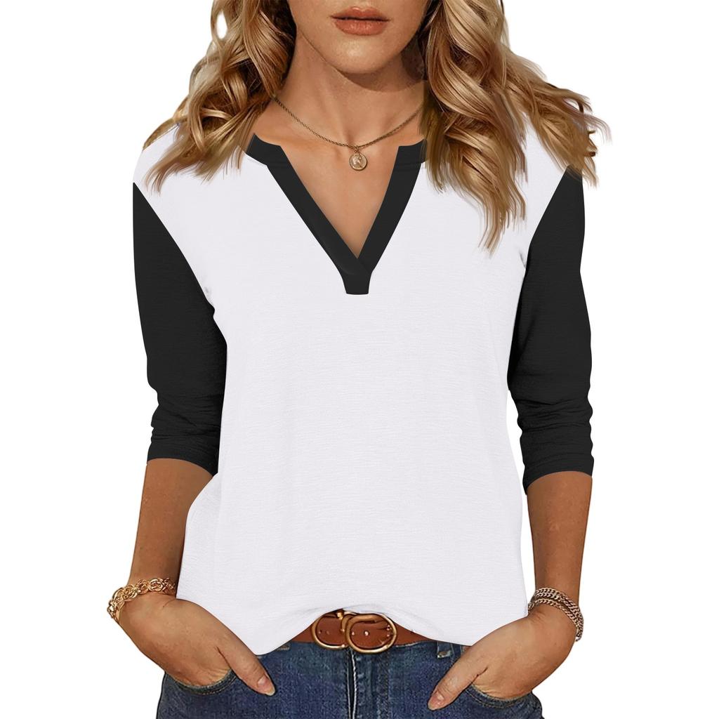 Women's Casual Fashion Sexy Comfortable V-neck Stitching Color Three-quarter Sleeve Top