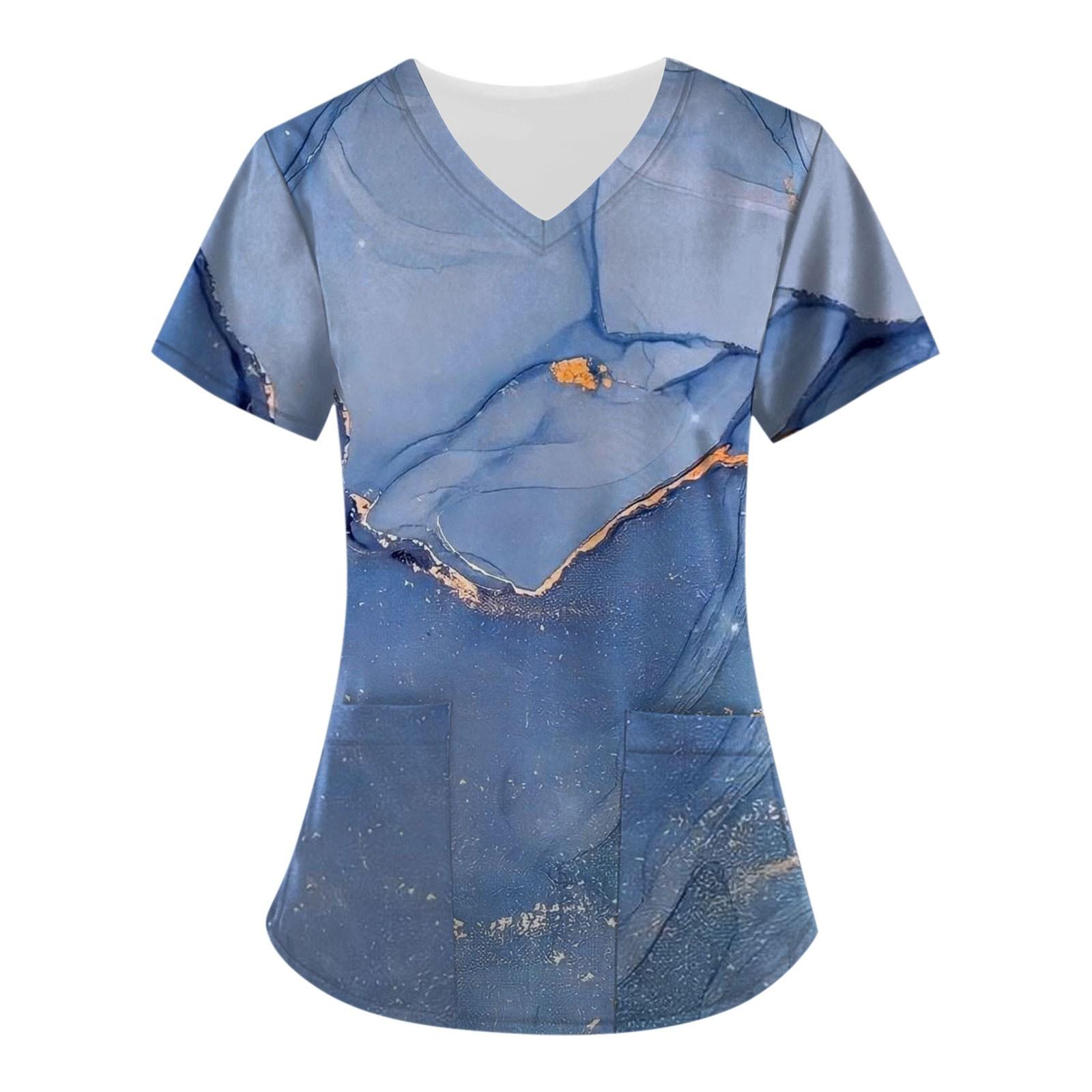 

Женские топы с короткими рукавами и v-образным вырезом с принтом, рабочая форма, карманная блузка XXXXL синий