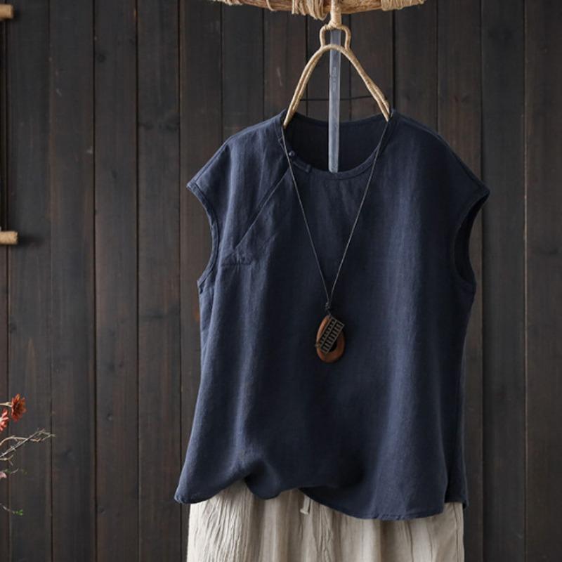 Summer Loose and Slim Round-neck Vest Top Simple Pure Color Cotton and Linen Sleeveless Women’s T-shirts