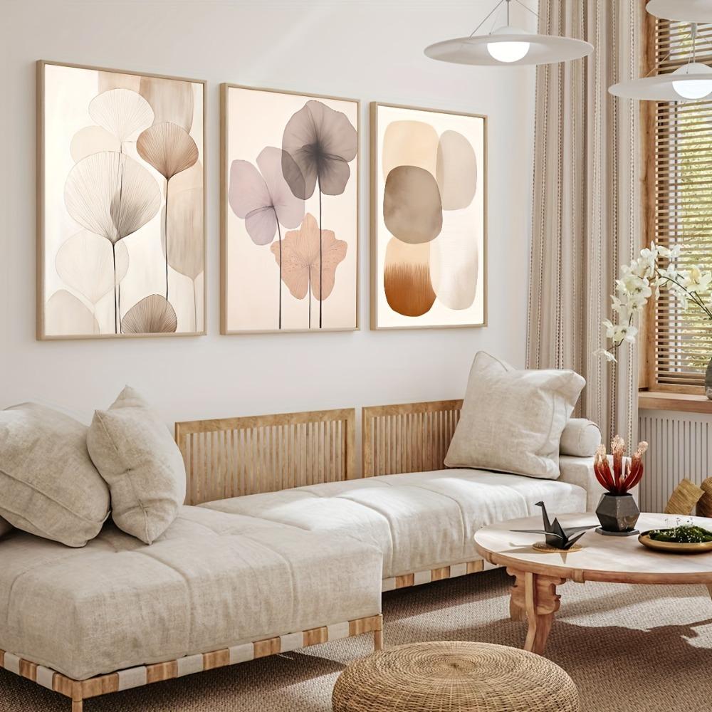3pcs Frameless Minimalist Wall Art Flowers,Modern Home Decor Geometric Posters Abstract Beige Fashion,Bohemian Wall Decoration