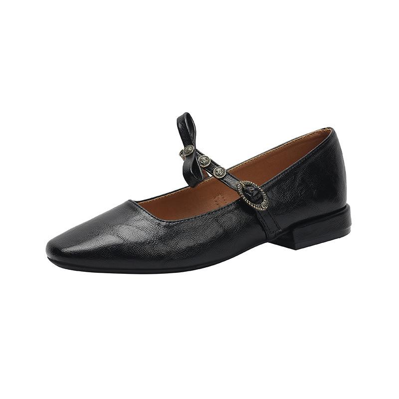 Retro Small Square Head Shallow Mouth Bow Shoes Thick Heel Casual Driving Single Shoes Women's Summer Women's Flats