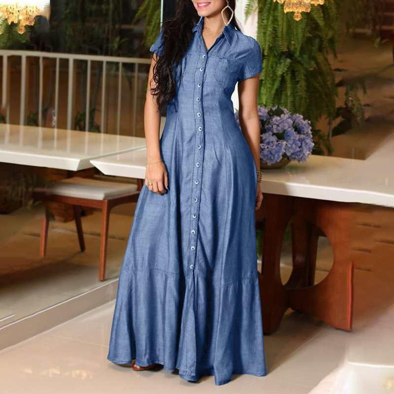 Abito di Jeans da Donna Elegante Abito di Jeans con Orlo Arricciato Tasche Applicate Abito Lungo da Donna a Linea ad A Vita Alta per Uso Casual o Formale