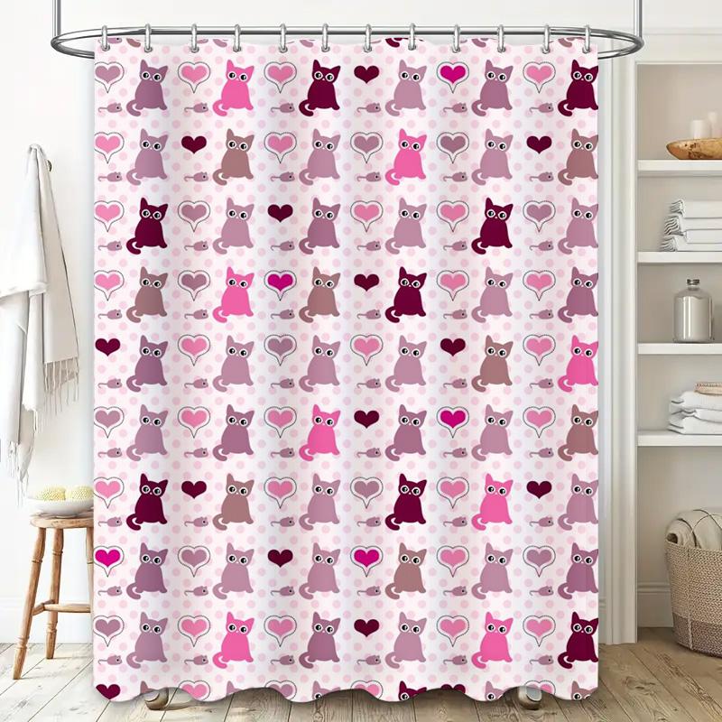 Valentine's Day Shower Curtain Set: Love Cats Pink Floral Design for Bathroom Decor Perfect Gift Idea (36x72)
