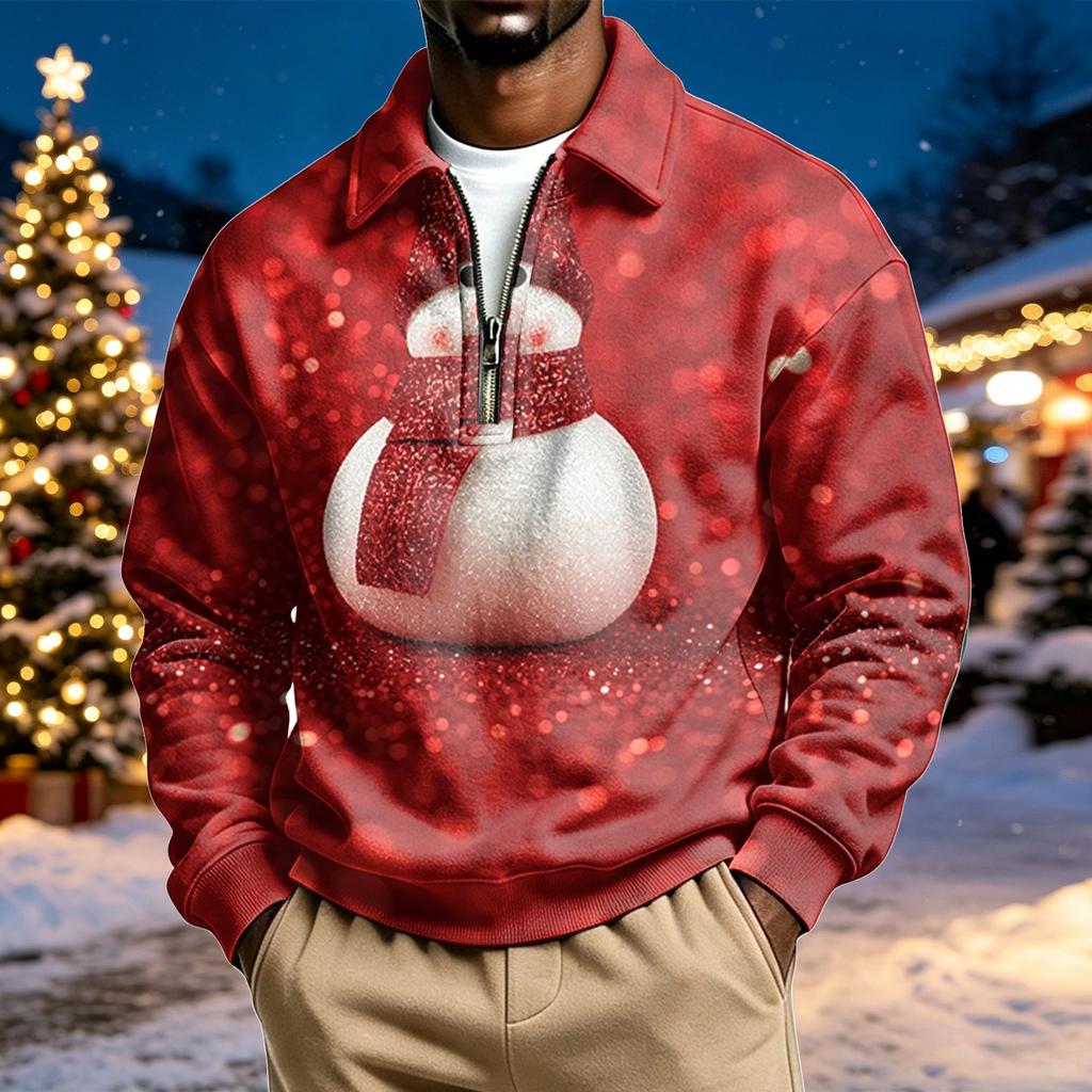 Men's Casual Christmas Print Quarter-Zip Sweatshirt with Collar
