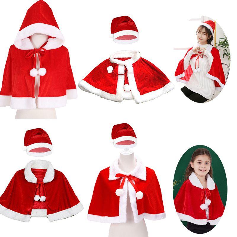 Xmas Red Velvet Santa Claus Hooded Cloak With Hat For Kids Adults