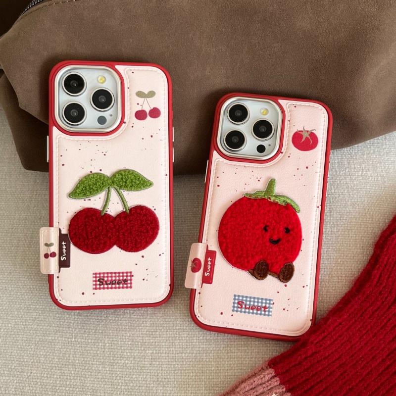 Ins Korean Cute Embroidery Cherry Tomato Leather Case For iPhone 17 16 15 14 Pro Max 15 14 16 13 17 Pro Camera Protection Cover