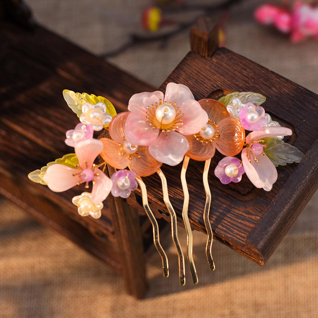 Vintage Blumenhaarnadel für Damen Elegant Gaze Pfingstrose Pfirsichblüte Rose Saison Haarkamm Exquisites chinesischer Stil Haaraccessoire