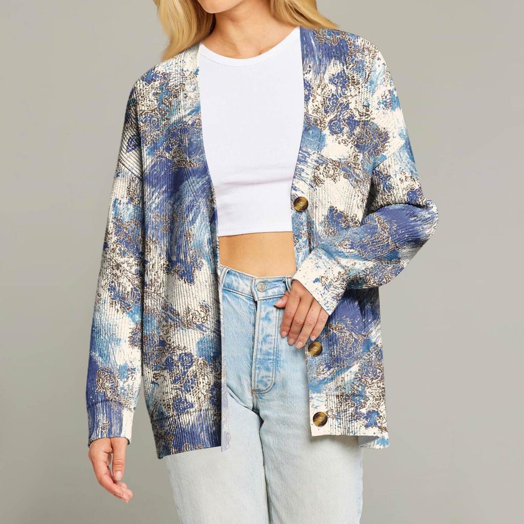 Dame Mote Langermet Juleprint V-Hals Knapper Løs Cardigan Topp