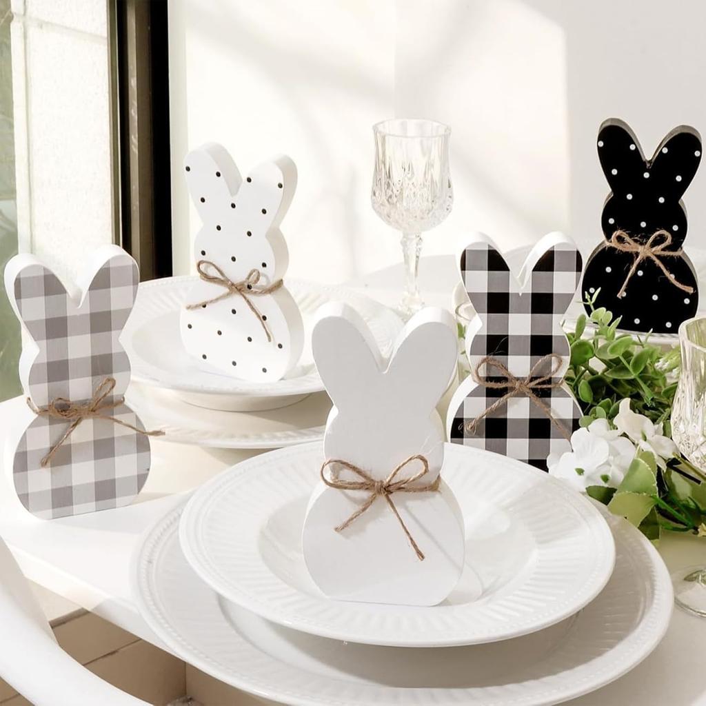 Easter Decorations - 5 Pcs Bunny Wooden Decor Signs Desktop Centerpiece Tiered Tray Ornaments Spring Cute Rabbits for Home Farmhouse Office