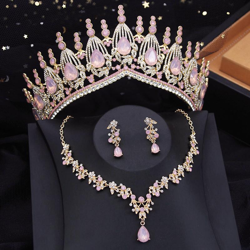 Blue Crown Bridal Jewelry Sets for Women Opal Tiara Necklace Earrings Sets Prom Wedding Bride Jewelry Costume Accessories