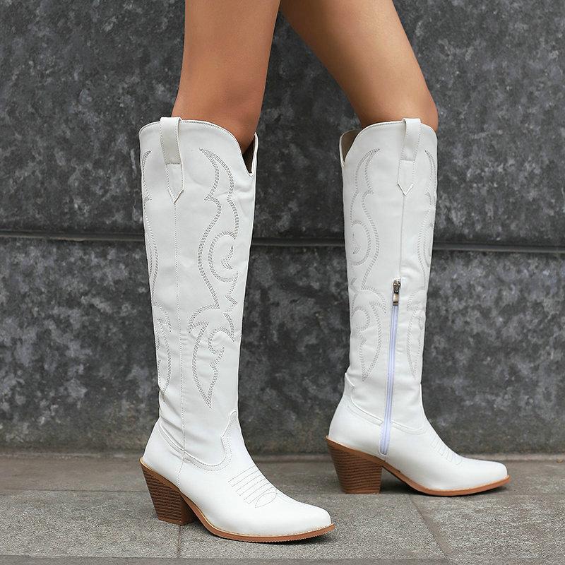 Women's Western Cowboy Boots Embroidered Tall Cowboy Boots, Vintage Thick Heel Side Zip Country Knight Boots