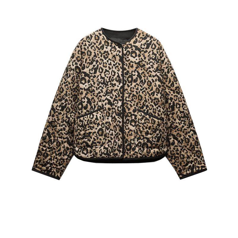 Autumn and Winter New Women clothes Light and Versatile Leopard Print Animal Print round Neck Cotton-padded jacket Jacket 8110488
