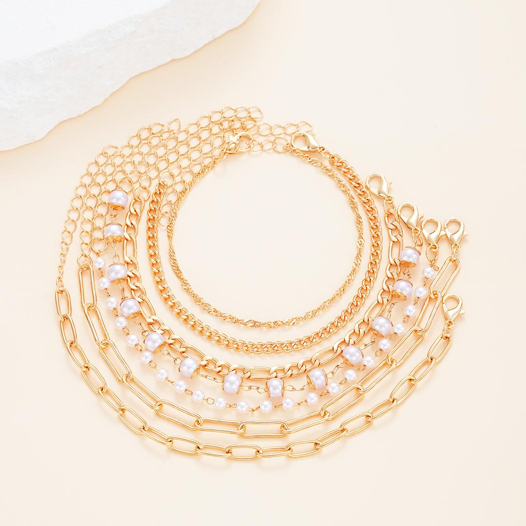 7Pcs/Set Bohemian Bracelet For Women Punk Style Cold Color Pearl Metal Multi-layer Hollow Twisting Snake Chain Simple Jewelry