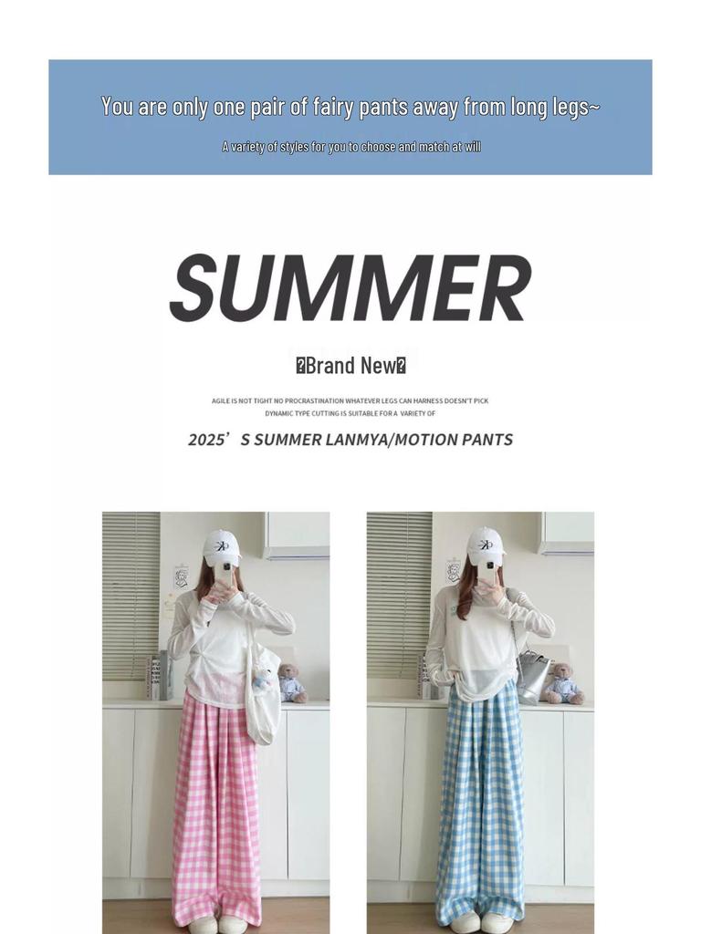 Petite Blue & White Checkered High Waist Summer Pants - Women's Casual Straight Leg Stroll Style