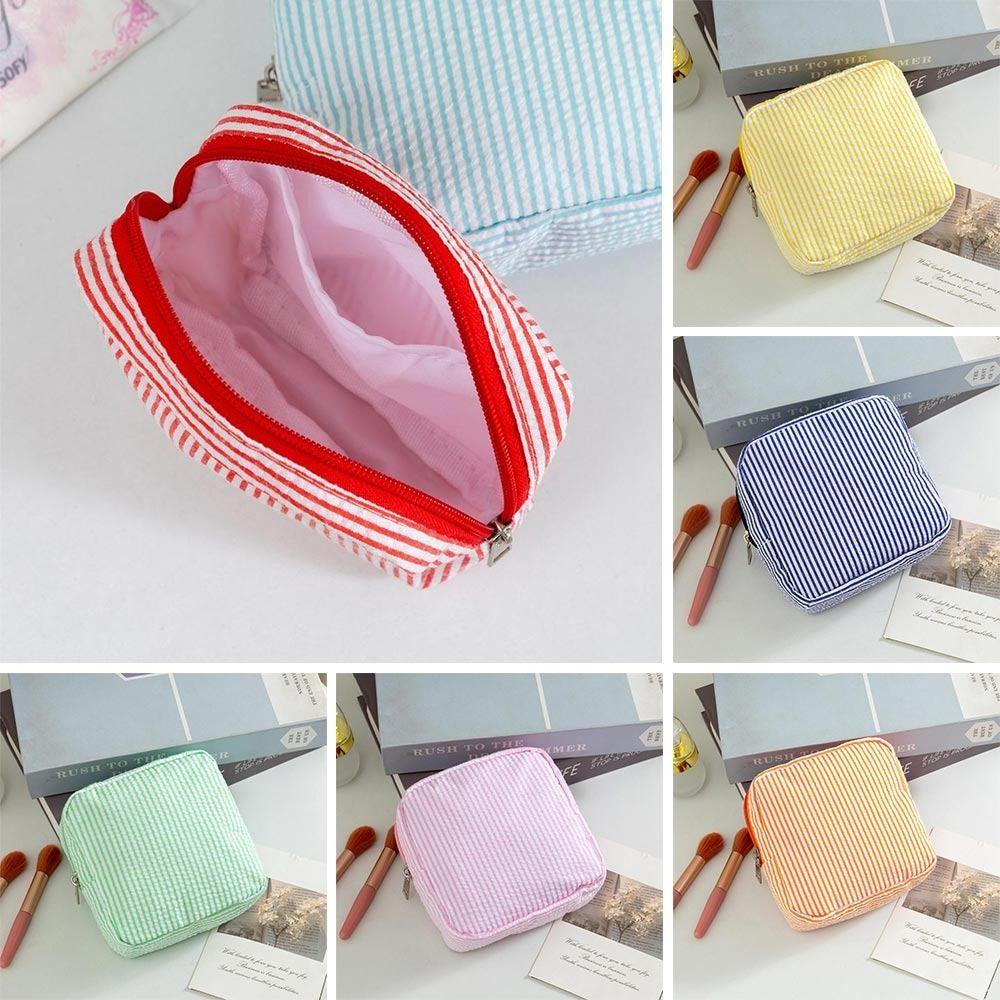 Durable Seersucker Sanitary Napkin Pouch Striped Pattern Multi-functional Mini Makeup Bag Coin Purse Women