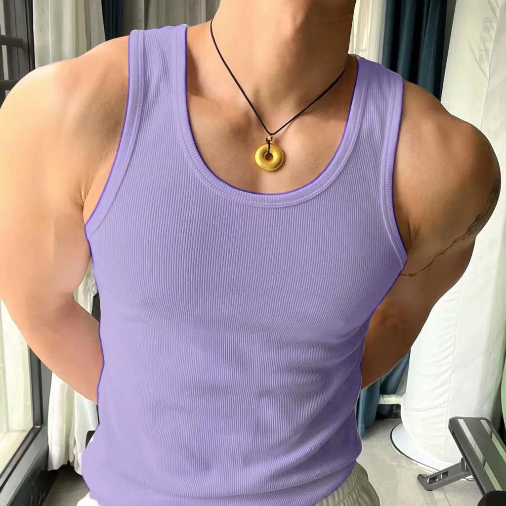 Men's Vest Fitness Elastic Cotton Vest Thickened Coarse Ribbed 230g 2X2 Vest American Style Sweat-Absorbent Sports Vest