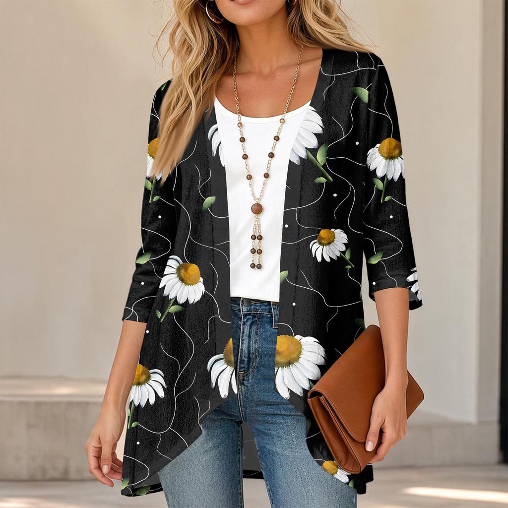 Women's Vintage Floral Print Three-Quarter Sleeve Cardigan Casual Loose Fit Lightweight for Spring Summer