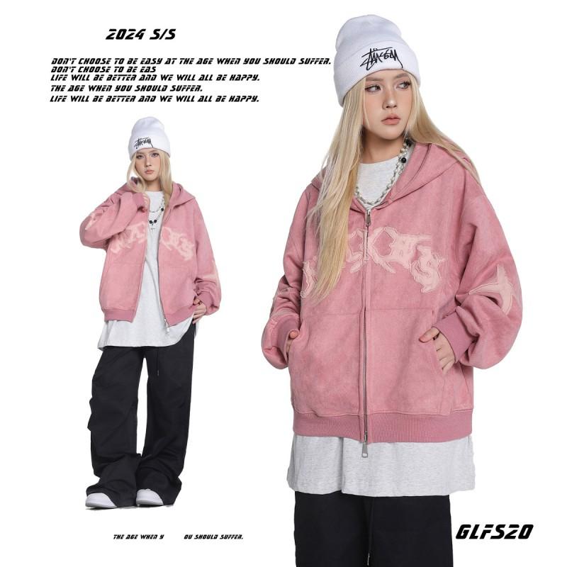 Unisex Oversized Short Hooded Zip-Up Fleece Sweatshirt With Embroidered Letters Patch Detail
