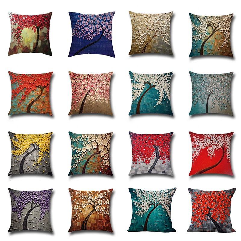 Luxuriöser 3D-bemalter Baum Blumen Kissenbezug aus hochwertigem Baumwollleinenstoff