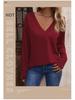 2025 Spring Women's Solid Color V-Neck Loose Long Sleeve T-Shirt with Buttons