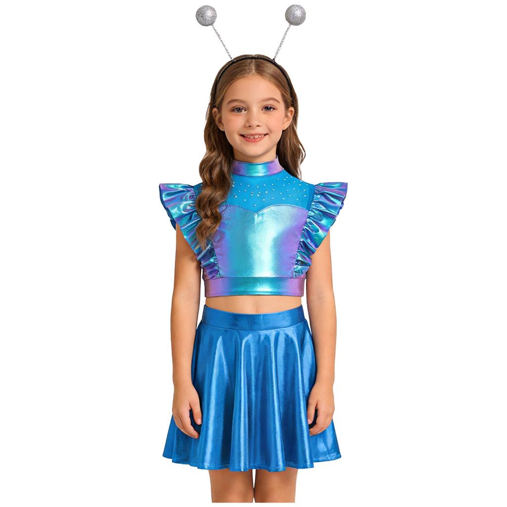 Mädchen Alien Cosplay Metallisches Outfit Strasssteine Ärmelloses Rüschen Crop Top A-Linien-Rock Haarreif-Set