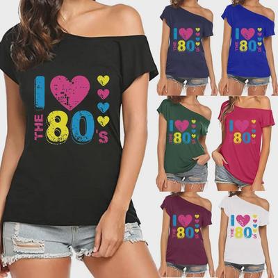 Kadın 80'ler Omuz Düşük Asimetrik Kısa Kollu Tişört