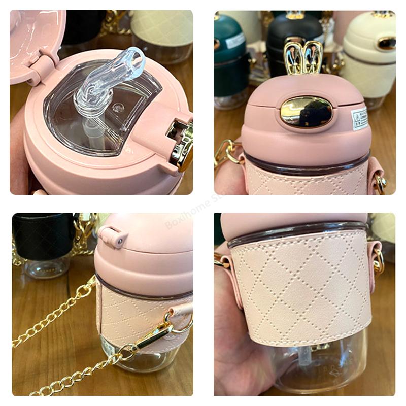 Adorable Rabbit Ear Plastic Water Bottles With Straw For Girls Kids Lightweight Strap Student Bottle With Cup Cover Anti-drop BPA Free
