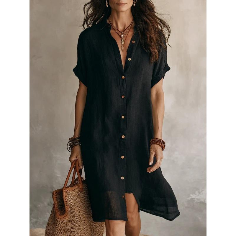 QICED Fashion Summer Spring Solid Color Print Short Sleeve POLO Neck Casual Dresses
